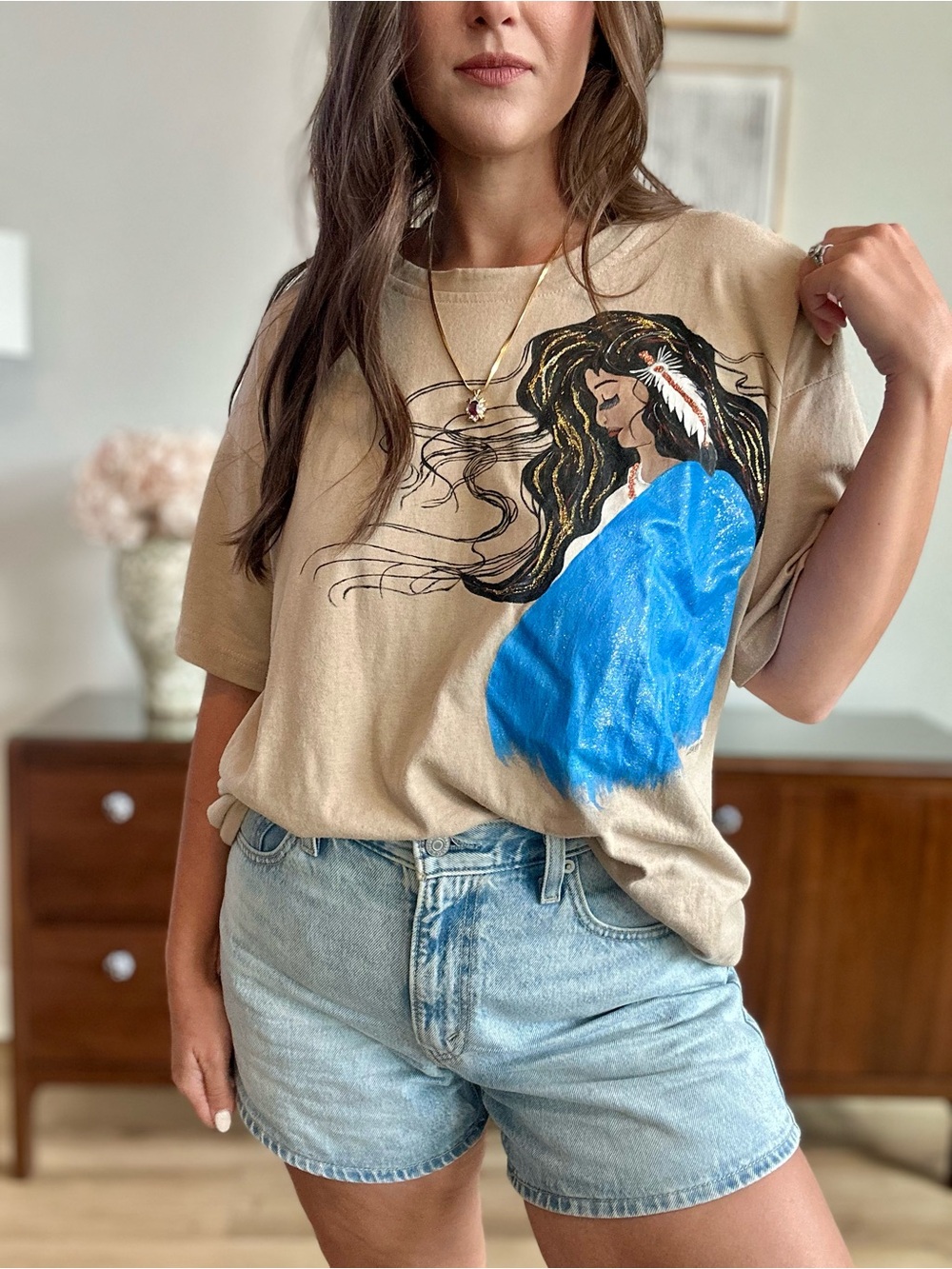 Vintage Native American Art Graphic Tee Beige OSFA